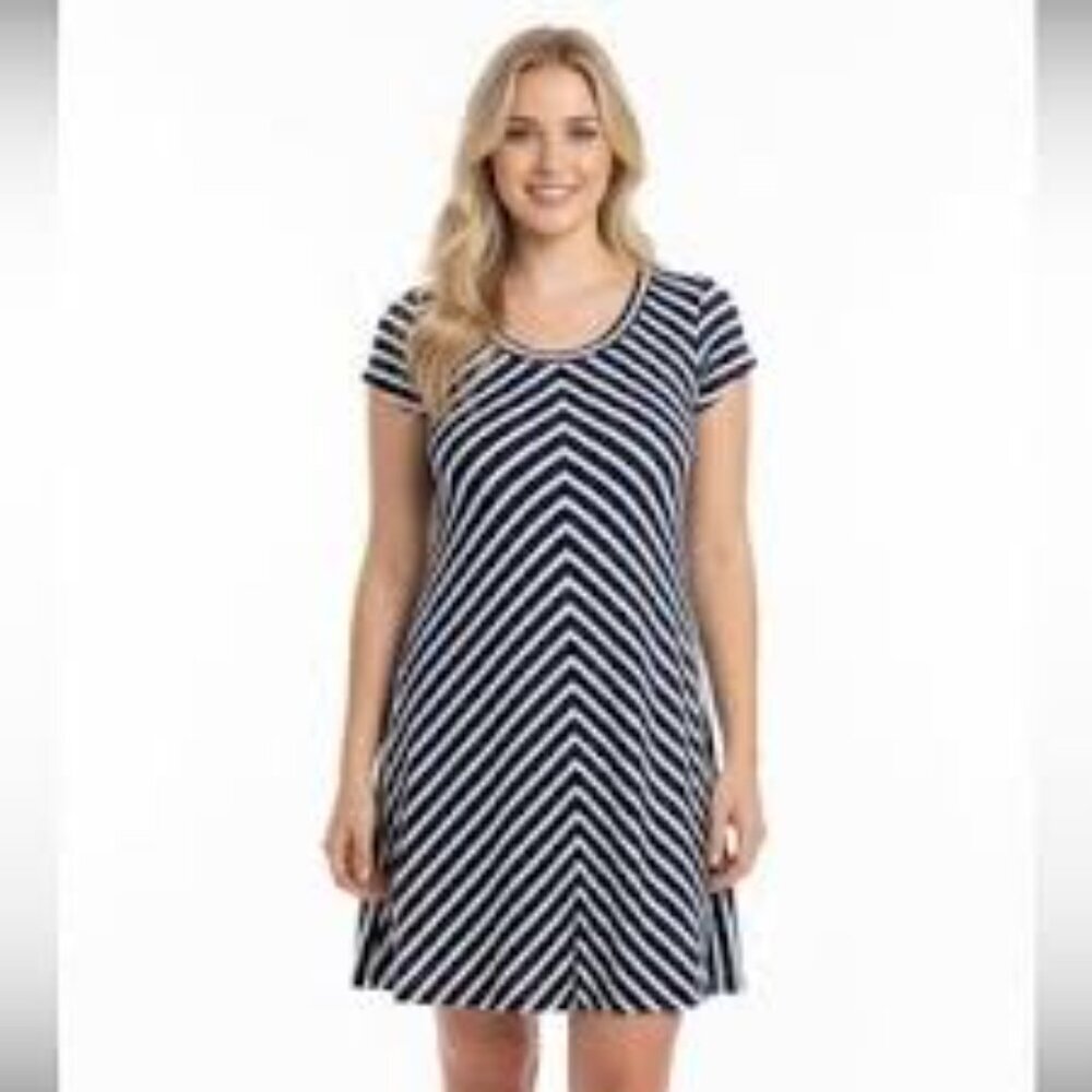 T by Talbots Navy & White Chevron Stripe Fit & Flare Dress - Size M